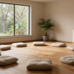 Peaceful meditation space with natural light and cushions showing different meditation and types setup