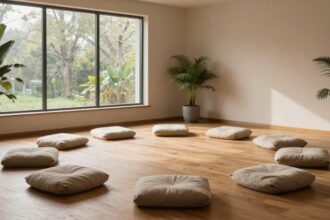 Peaceful meditation space with natural light and cushions showing different meditation and types setup