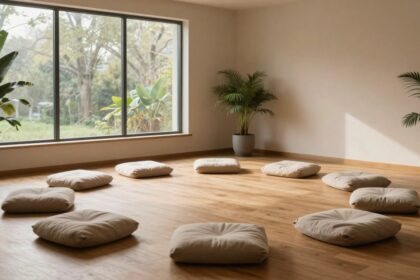 Peaceful meditation space with natural light and cushions showing different meditation and types setup