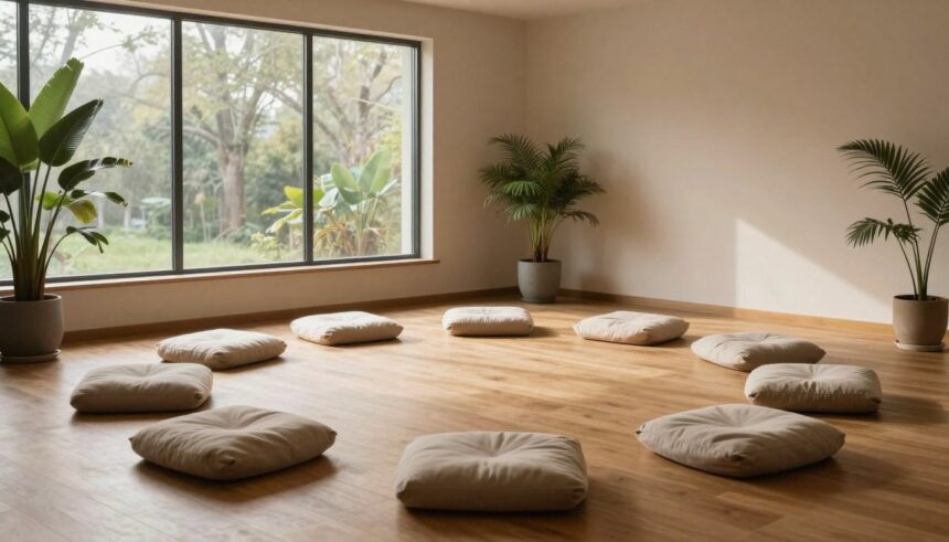 Peaceful meditation space with natural light and cushions showing different meditation and types setup